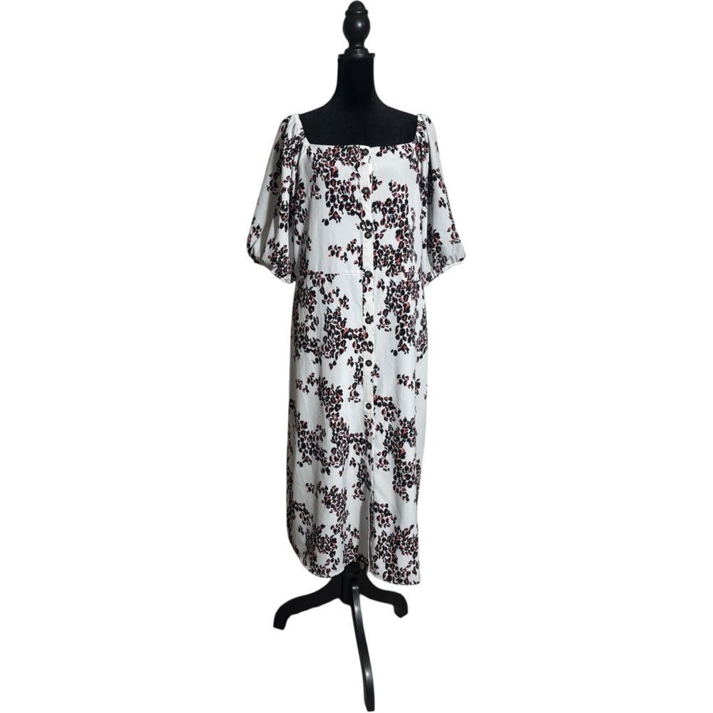 Ophelia Roe Lightweight Balloon Sleeve Chic Floral Black/White/Red Midi Dress